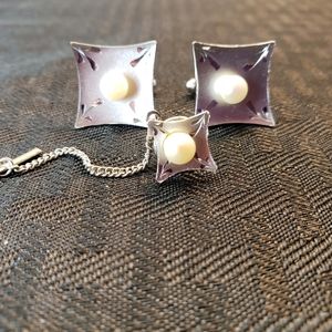 Vintage Sterling Silver and Pearl Etched Cufflinks and Tie Tack Set Signed JM
